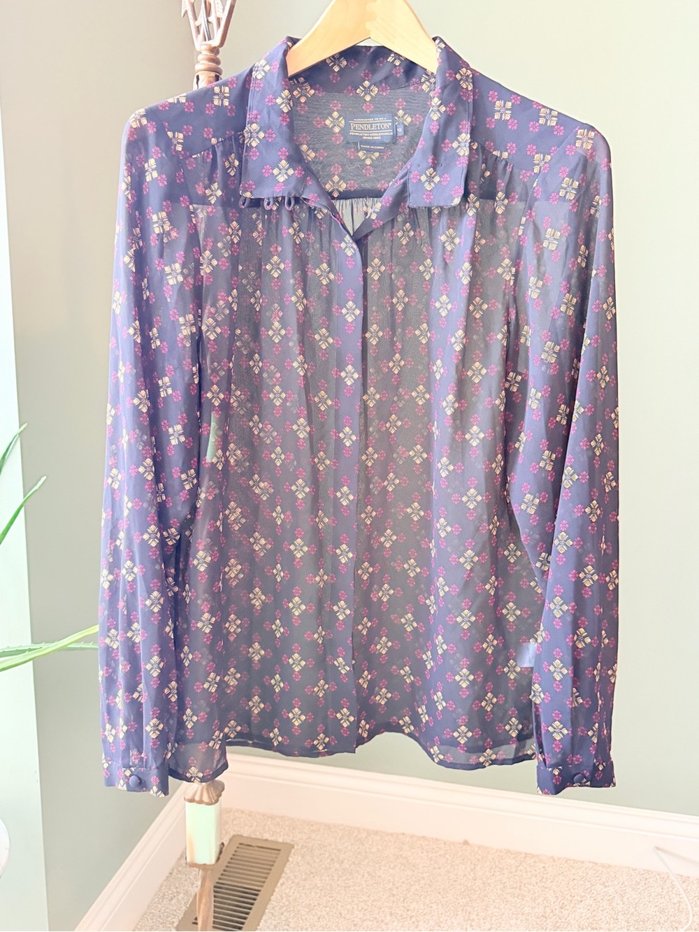 Pendleton Floral Sheer Blouse 12 Navy High Neck Button Back Long Sleeve